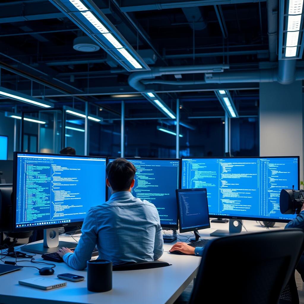 Software development team working in a modern tech office
